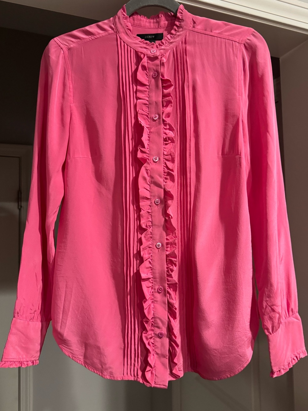 J. Crew 100% Silk Hot Pink Ruffled Button-Down Blouse Classic Coquette 00